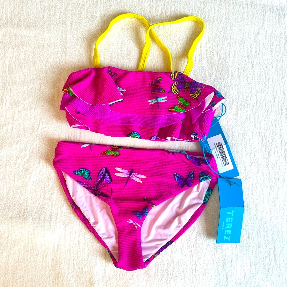 Terez hot pink butterfly ruffle bikini girls 6X NWT
